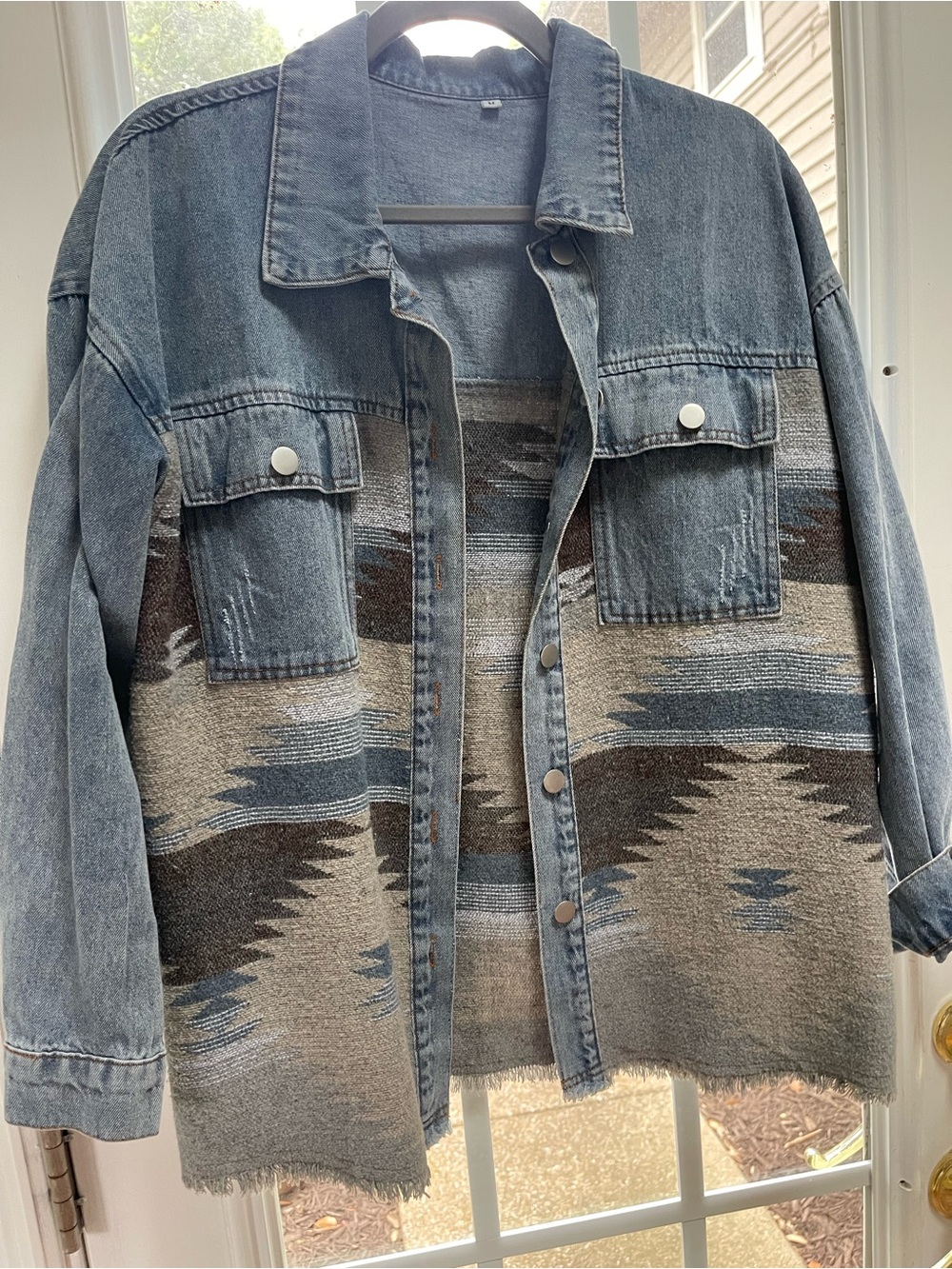 Denim & Southwestern Pattern Jacket - Blue, Gray, Brown
